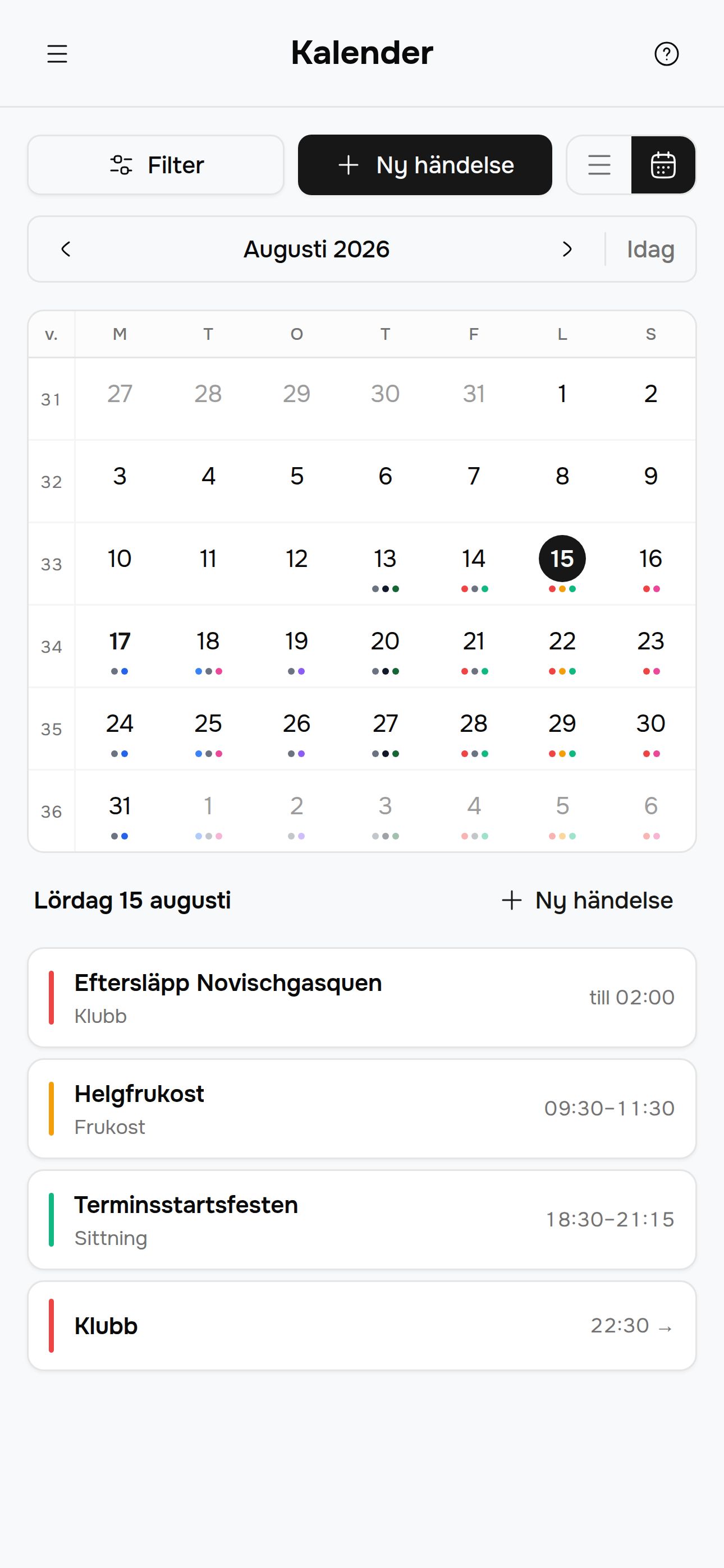 Nationerna i mobilvy med dagens händelser och arbetspass